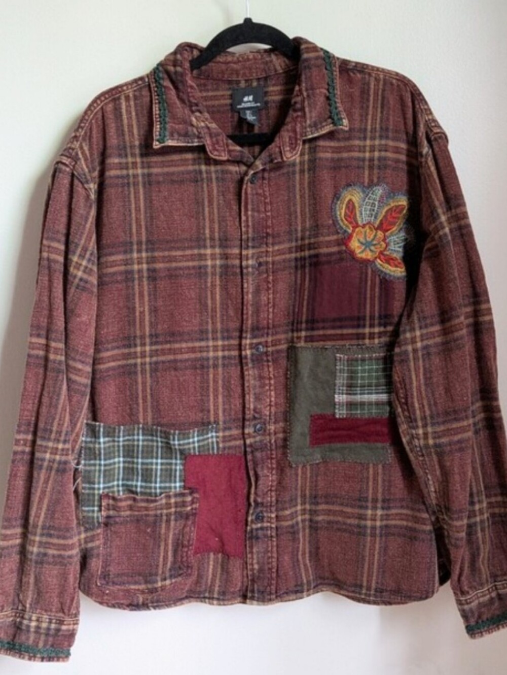 Reworked Handmade Burgundy Plaid Patchwork Bohemian Cotton Shirt Jacket Large